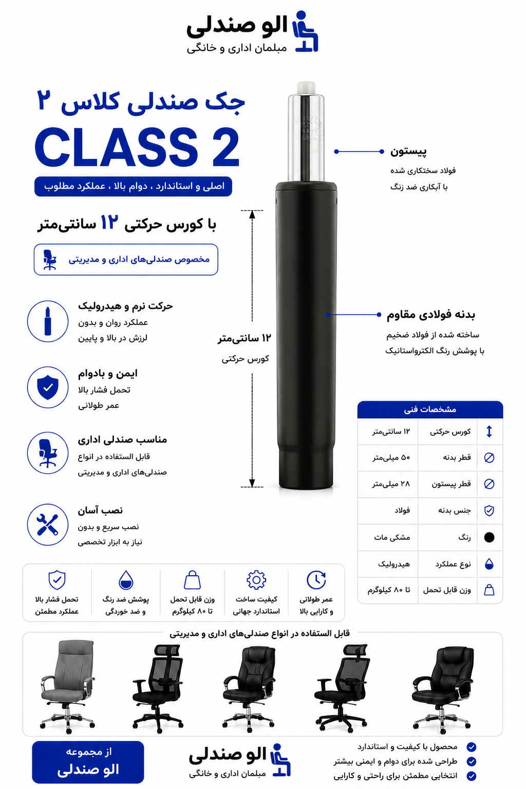 جک صندلی اداری سایز۱۲ کلاس2